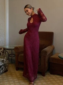 Livesso Gaun Wanita Elegan dengan Kancing dan Potongan Renda yang Manis - Burgundy - View 1