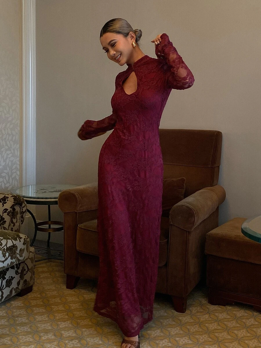 Livesso Gaun Wanita Elegan dengan Kancing dan Potongan Renda yang Manis - Burgundy - View 1