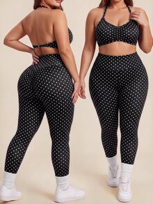 SHEIN Dewbera Women's Plus Size Polka Dot Print Cropped Tank Top And Leggings Sports Set - Black - View 3