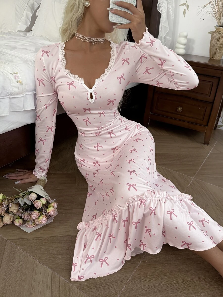 CottageSlumber Romantic Bow Print Lace Patchwork Long Sleeve Nightgown - Baby Pink - View 1