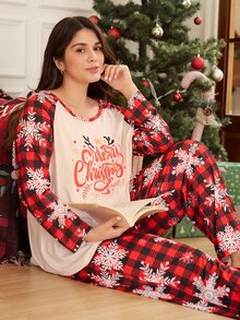 SHEIN Christmas Element English Print Raglan Sleeve Long Sleeve Pants Plus Size Pajama Set - Multicolor - View 1