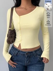 SHEIN BASICS 女款素色不對稱領長袖單排扣休閒T恤 - 淡黃色 - 查看 1