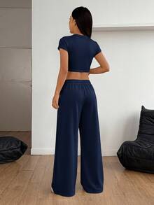 SHEIN PETITE 女款純色短版圓領T恤與長褲休閒兩件套 - 藏蓝色 - 查看 2