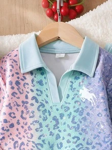 Young Girl Fashion Casual Leopard Print Horse Riding Print Lapel V-Neck Long Sleeve Sweatshirt & Leopard Print Wide Leg Pants Set, Soft Fabric, Suitable For Outings, Back To School, Autumn/Winter - Multicolor - View 4