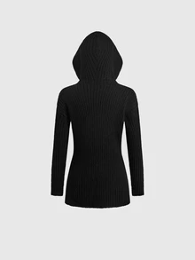 ROMWE Gothic Wanderer Style Hooded Asymmetrical Hem Ribbed Long Sleeve Cardigan For Women - Black - View 2
