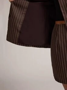 SHEIN BAE 女款棕色條紋時尚通勤西裝外套長袖套裝 - 棕色 - 查看 7