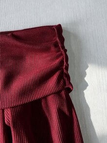 RosyDaze Fall Back To School Teacher Outfit 2 Pieces Set, Burgundy Off Shoulder Ribbed Long Sleeve Top & Ruched Lace Trim Satin Mini Skirt, Elegant Fall Winter - Burgundy - View 4