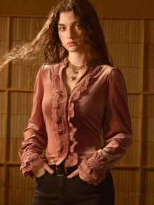 MOTF STUDIO WOMEN'S LACE PATCHWORK CASUAL DAILY WEAR BLOUSE - Chocolate Brown - View 5