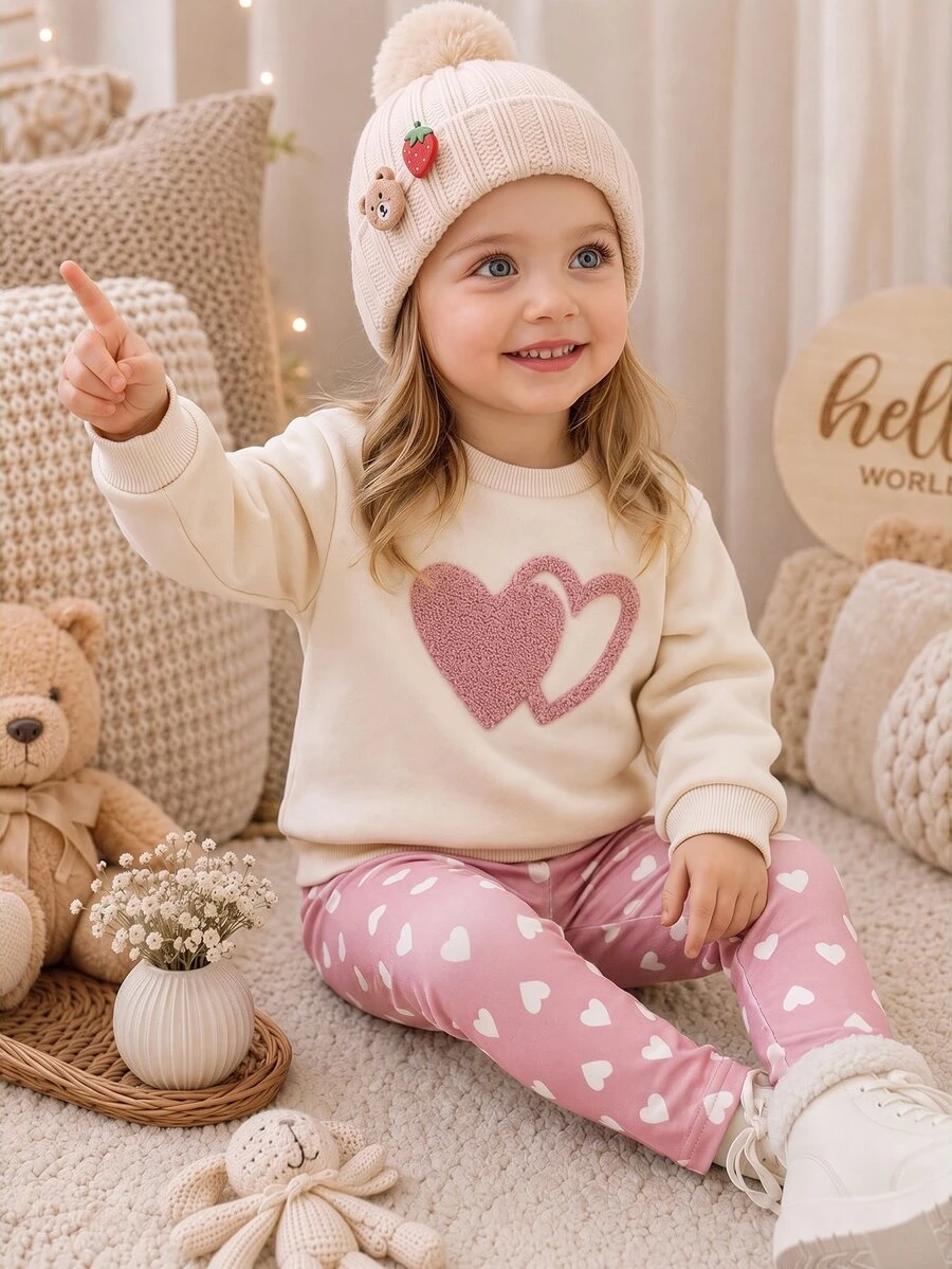 SHEIN Baby Girl Embroidered Round Neck Long Sleeve Sweatshirt And Heart Print Pants Set - Pink - View 1