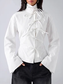 LYSMO Women's Solid Color Front Tie Long Sleeve Casual Fashion Shirt - White - View 1