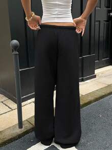 SHEIN EZwear 51%棉女款休閒寬鬆前綁帶運動長褲，適合日常穿著與返校季，秋冬女款運動服 - 黑色 - 查看 2