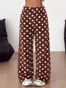 SHEIN 青少年女孩休閒卡通熊圖案抽繩腰絨毛長褲，秋冬棕色泰迪熊毛絨長褲 - 咖啡棕 - 查看 1