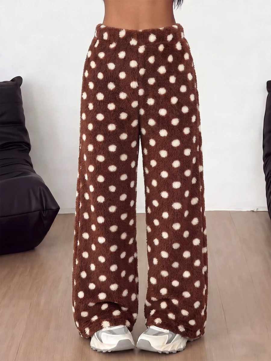 SHEIN 青少年女孩休閒卡通熊圖案抽繩腰絨毛長褲,秋冬棕色泰迪熊毛絨長褲 - 咖啡棕 - 查看 1