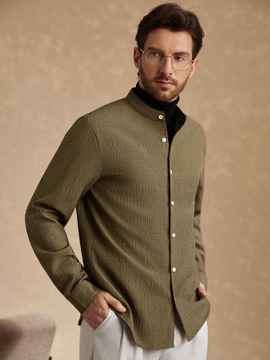 Core Aspect 2026 Spring‑Summer Men Army Green Mandarin Collar Long Sleeve Button‑Up Shirt, Minimalist & Smart Ca - Green - View 1