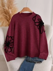 CosyJoli Plus Size Women's Floral Print Casual Elegant Matching Daily Evening Family Formal Wedding Guest Long Sleeve Sweater Black Autumn - Rose Red - View 1