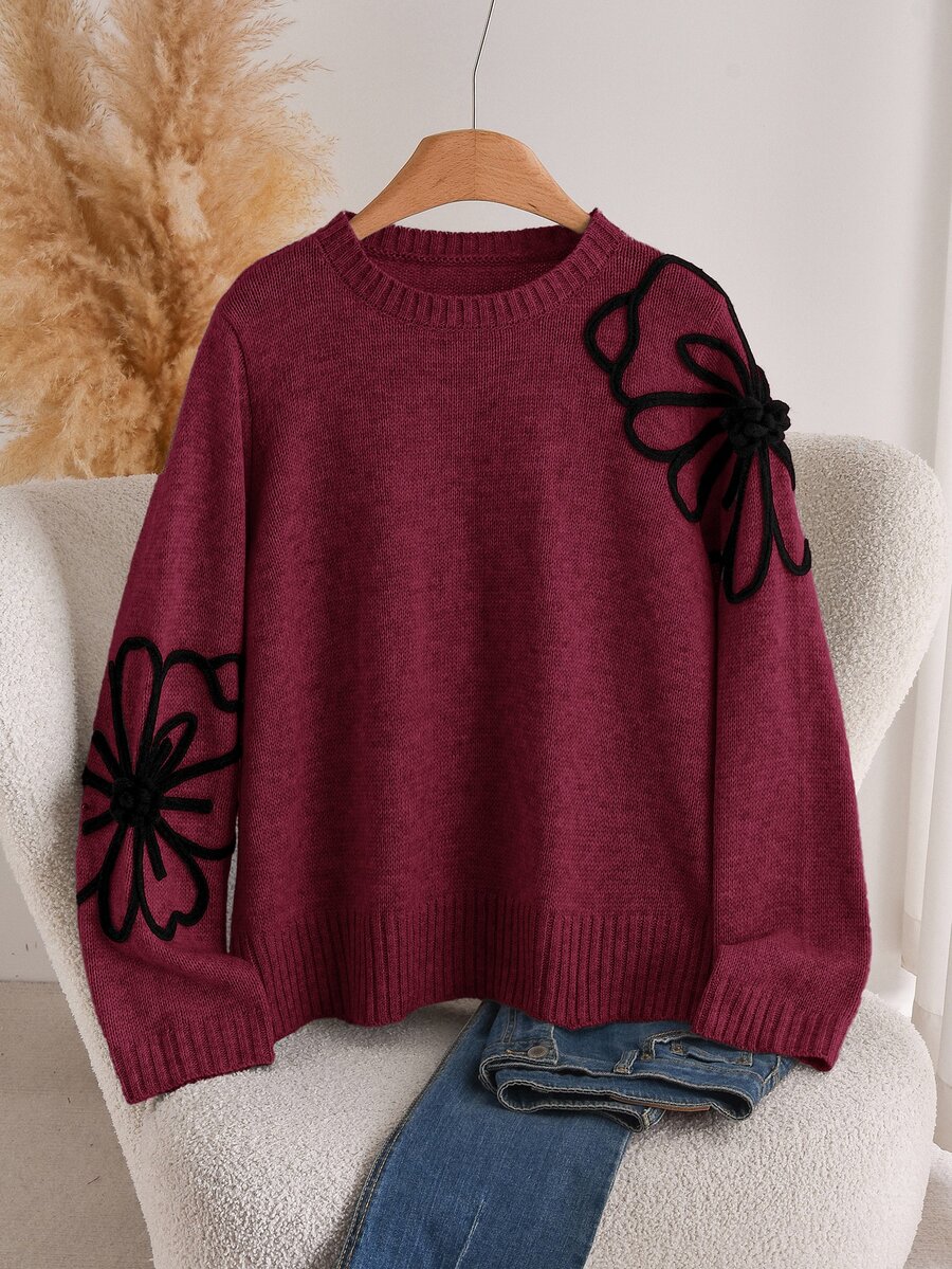 CosyJoli Plus Size Women's Floral Print Casual Elegant Matching Daily Evening Family Formal Wedding Guest Long Sleeve Sweater Black Autumn - Rose Red - View 1
