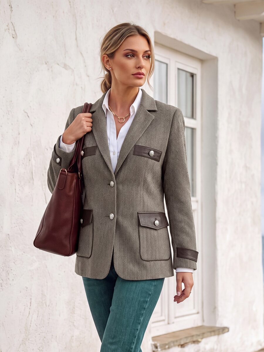 Faunlyn Herringbone Tweed Blazer With Faux Leather Trim & Flap Pockets, Single Breasted Notch Lapel Jacket For Winter - Khaki - View 1