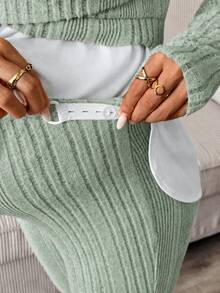 SHEIN 孕婦哺乳色塊上衣與可調腰長褲 2 件套 秋季 - 綠色 - 查看 8