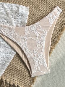 Bonvoyette 女款 3 件組海灘泳衣套裝，含鋼圈蕾絲背心、三角比基尼泳褲與綁帶式裙襬 - 白色 - 查看 5