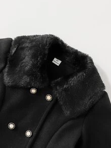 SHEIN 女童黑色羊毛混紡大衣，高品質毛絨大領口與袖口，雙排珍珠鈕扣，A字喇叭版型，適合日常通勤、休閒、宴會與派對穿著 - 黑色 - 查看 9