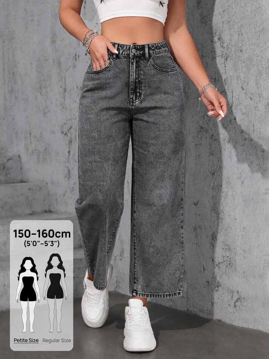 SHEIN PETITE 女款寬鬆直筒寬腿顯瘦淺色四季款 9/10 分長牛仔褲 - 灰色 - 查看 1