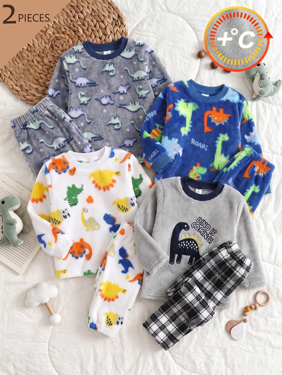 Boys Gray Plush Plaid Long Sleeve Pants Casual Comfortable 2 Pieces Loungewear Set - Light Grey - View 1