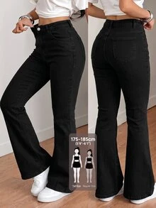 SHEIN Tall 女款休閒日常牛仔褲，附口袋與鈕扣設計 - 黑色 - 查看 2