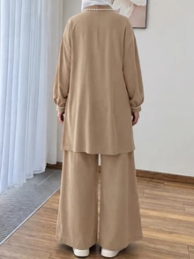 Lacomfia Plus Size Women's Minimalist Button Pleated Shirt And Loose Long Pants Set - Apricot - View 2