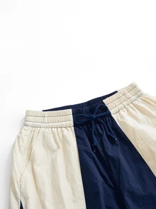 ROMWE Street Life Women's Outdoor Sports Nylon Colorblock Patchwork Low Waist Wide Leg Long Pants - Navy Blue - View 3