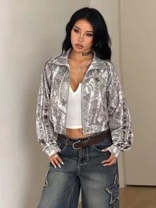 Coolane 女款秋冬街頭風 Y2K 時尚復古基礎運動休閒外出夾克，迷彩樹枝圖案，拉鍊開襟，刺繡保暖，軍綠色 - 橄欖綠 - 查看 5