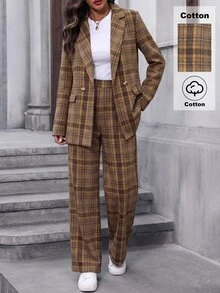 SHEIN 秋冬女款格紋純棉兩件式套裝，雙排釦西裝外套搭配高腰寬腿長褲，復古格紋辦公商務穿搭套裝 - 彩色 - 查看 6