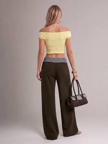 Avantive Women's Waist Patchwork Plaid Wide Leg Loose Long Pants - Coffee Brown - View 2