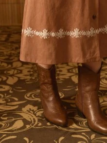 MOTF STUDIO WOMEN'S AUTUMN/WINTER VINTAGE BOHEMIAN SUEDE EMBROIDERED HEM LONG SKIRT - Rust Brown - View 1