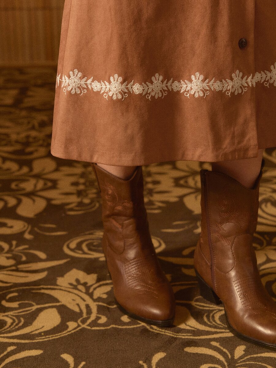MOTF STUDIO WOMEN'S AUTUMN/WINTER VINTAGE BOHEMIAN SUEDE EMBROIDERED HEM LONG SKIRT - Rust Brown - View 1