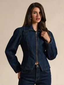 SHEIN BAE Women's Zipper Casual Versatile Everyday Denim Jacket - Blue - View 1