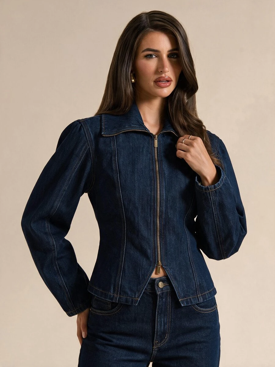 SHEIN BAE Women's Zipper Casual Versatile Everyday Denim Jacket - Blue - View 1