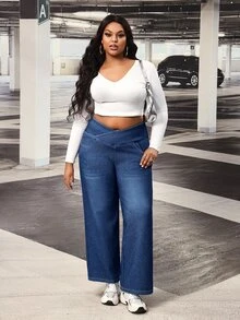 Lounesse Celana Jeans Denim Kasual Sehari-hari Wanita Ukuran Plus dengan Pinggang Asimetris - Biru - View 6