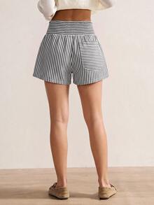Bohemela Women's Striped Pocket Design Loose Casual Shorts - Black and White - View 10