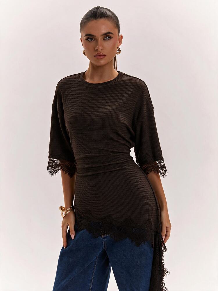 SHEIN BAE Brown Round Neck Short Sleeve Top, Asymmetrical Lace Draped Ribbon Slim Fit Sexy Women's T-Shirt/Brown Knit Textured Base Top/Date Casual Gathering Top/Commute Top/Light Party Activity Top/Elegant Top - Brown - View 3