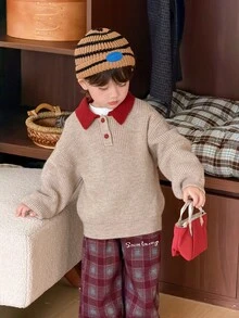 DAZY Infant (Boy) Contrast Color Turn Collar Long Sleeve Autumn/Winter Sweater - Apricot - View 7