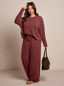 Elaquor 大尺碼女款純色落肩長袖T恤與腰部繫帶長褲休閒兩件套 - 鏽棕色 - 查看 2