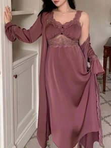 Dazy Plus Contrast Lace Elegant Long Nightgown & Long Cardigan Robe, Spring/Autumn New Red Sleepwear Set - Red Violet - View 5