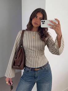 Siren Gaze Women's Striped Casual Daily Wear Shirt - Brown - View 2