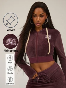SHEIN BAE Jaket Pendek Atasan Halloween Motif Huruf Bordir Rhinestone, Celana Panjang Berkerudung Lengan Panjang Beludru Warna Ungu Tua Musim Gugur/Dingin - Red Violet - View 1