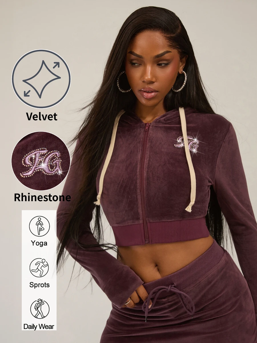 SHEIN BAE Jaket Pendek Atasan Halloween Motif Huruf Bordir Rhinestone, Celana Panjang Berkerudung Lengan Panjang Beludru Warna Ungu Tua Musim Gugur/Dingin - Red Violet - View 1