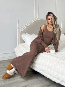 Easowa Women's Solid Color Camisole Dress And Long Sleeve Cardigan Casual Daily 2 Pieces Set - Brown - View 3