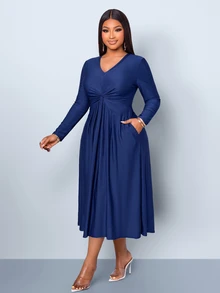SOLERSUN Plus Size Women's Solid Color Pleated Casual Party Dress - Navy Blue - View 6