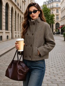 Editum Jaket Kasual Wanita Lengan Panjang Kancing Ganda Motif Tulang Ikan - Coffee Brown - View 4