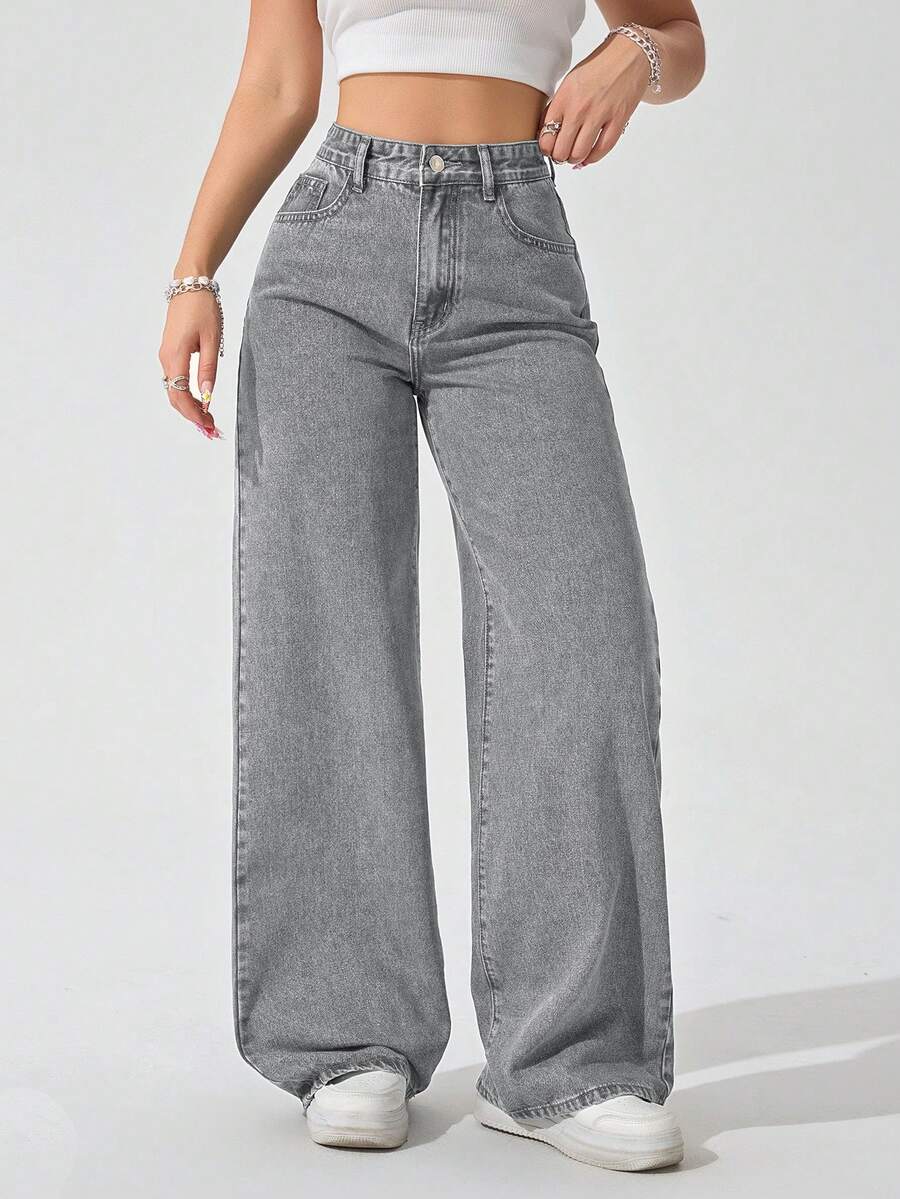 SHEIN ICON 大尺碼女款休閒日常水洗牛仔直筒長褲 - 淺灰色 - 查看 1
