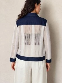 Lacomfia Women's Casual Elegant Lace Patchwork Design Loose Long Sleeve Plus Size Jacket - Multicolor - View 2